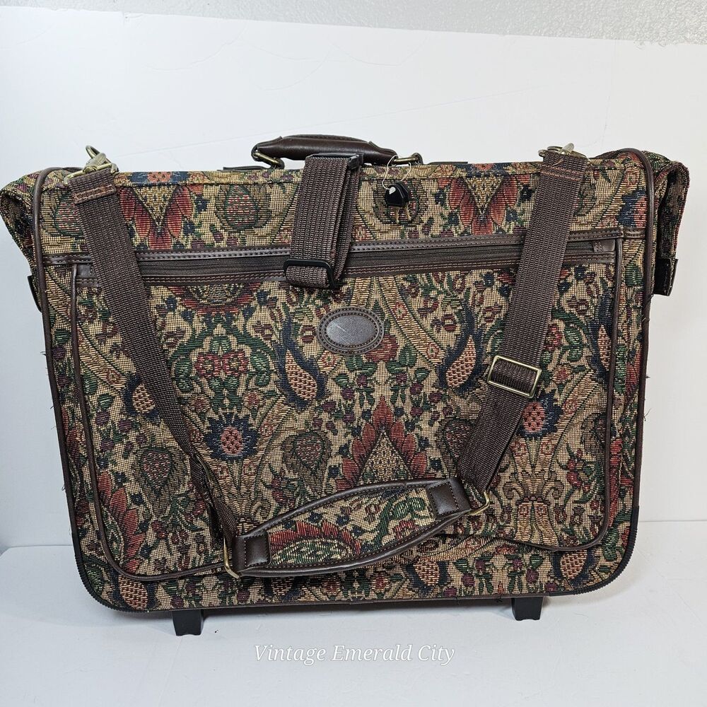 Vtg Lexi Luggage Bag Floral Parsley Tapestry Suitcase Wheels Handle Original Key - Picture 11 of 12